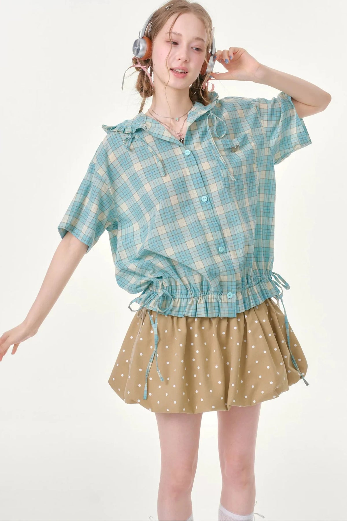 Light Green Plaid Hooded Ruffled Shirt