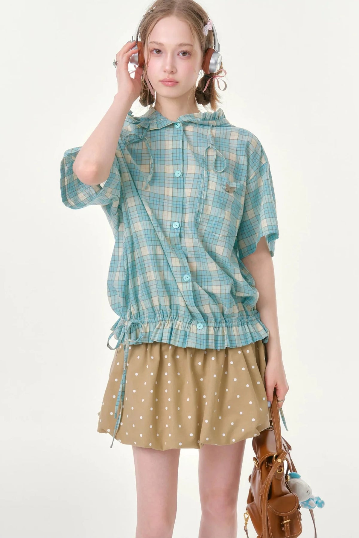 Light Green Plaid Hooded Ruffled Shirt