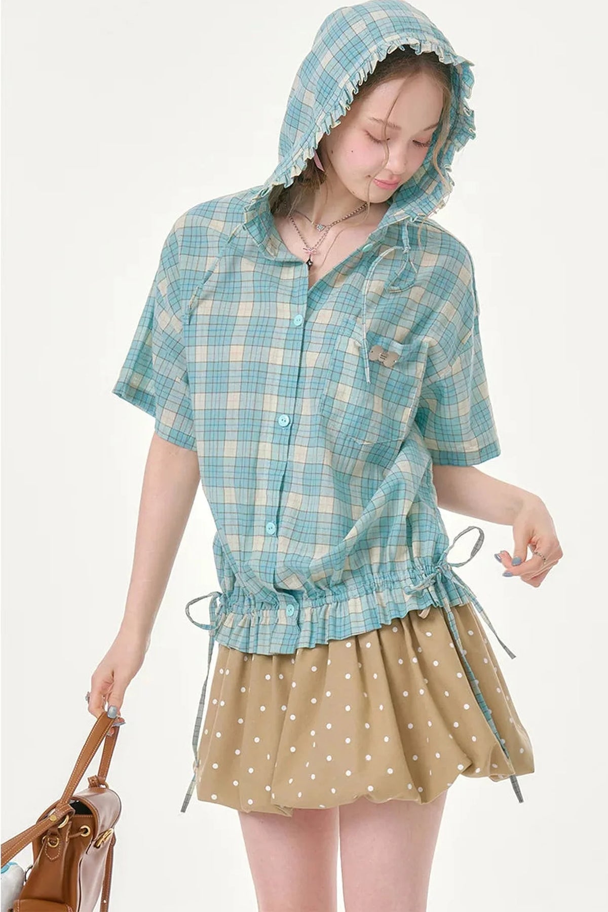 Light Green Plaid Hooded Ruffled Shirt