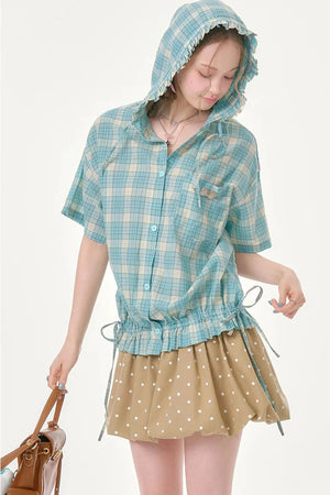 Light Green Plaid Hooded Ruffled Shirt