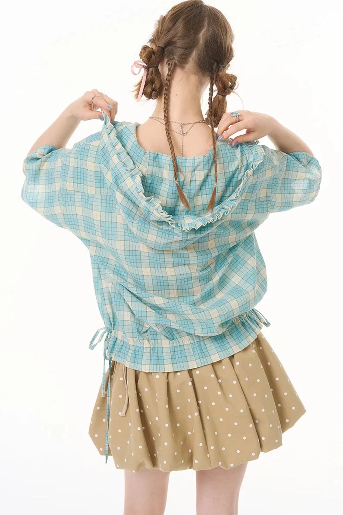 Light Green Plaid Hooded Ruffled Shirt