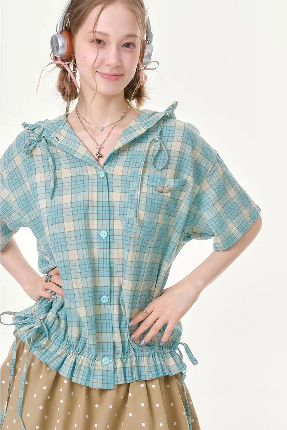 Light Green Plaid Hooded Ruffled Shirt