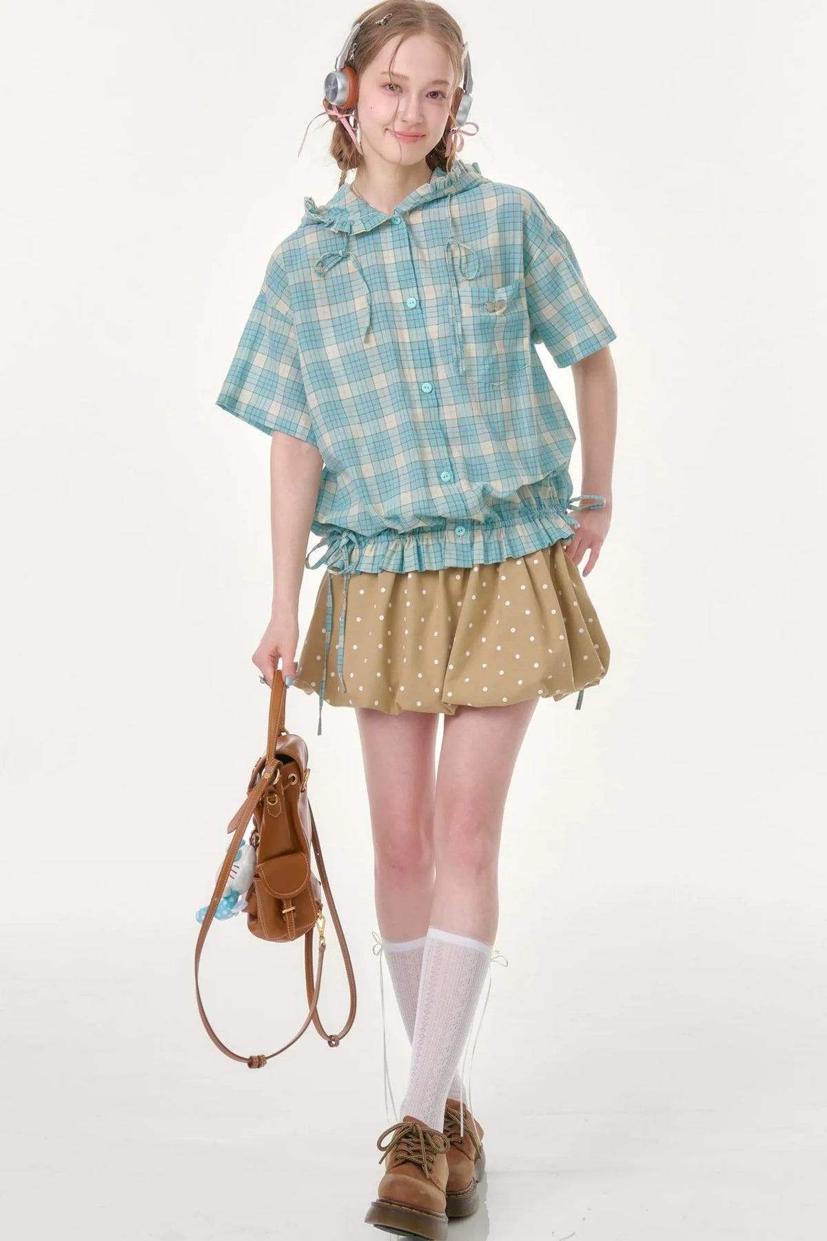 Light Green Plaid Hooded Ruffled Shirt