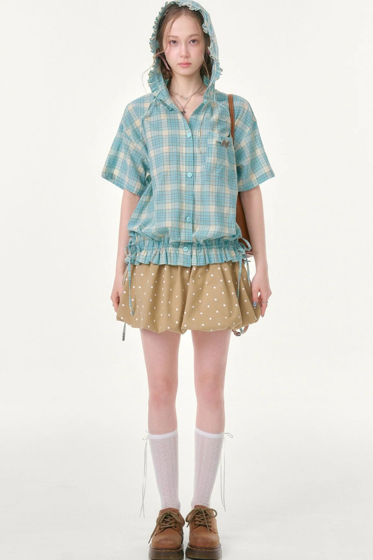 Light Green Plaid Hooded Ruffled Shirt