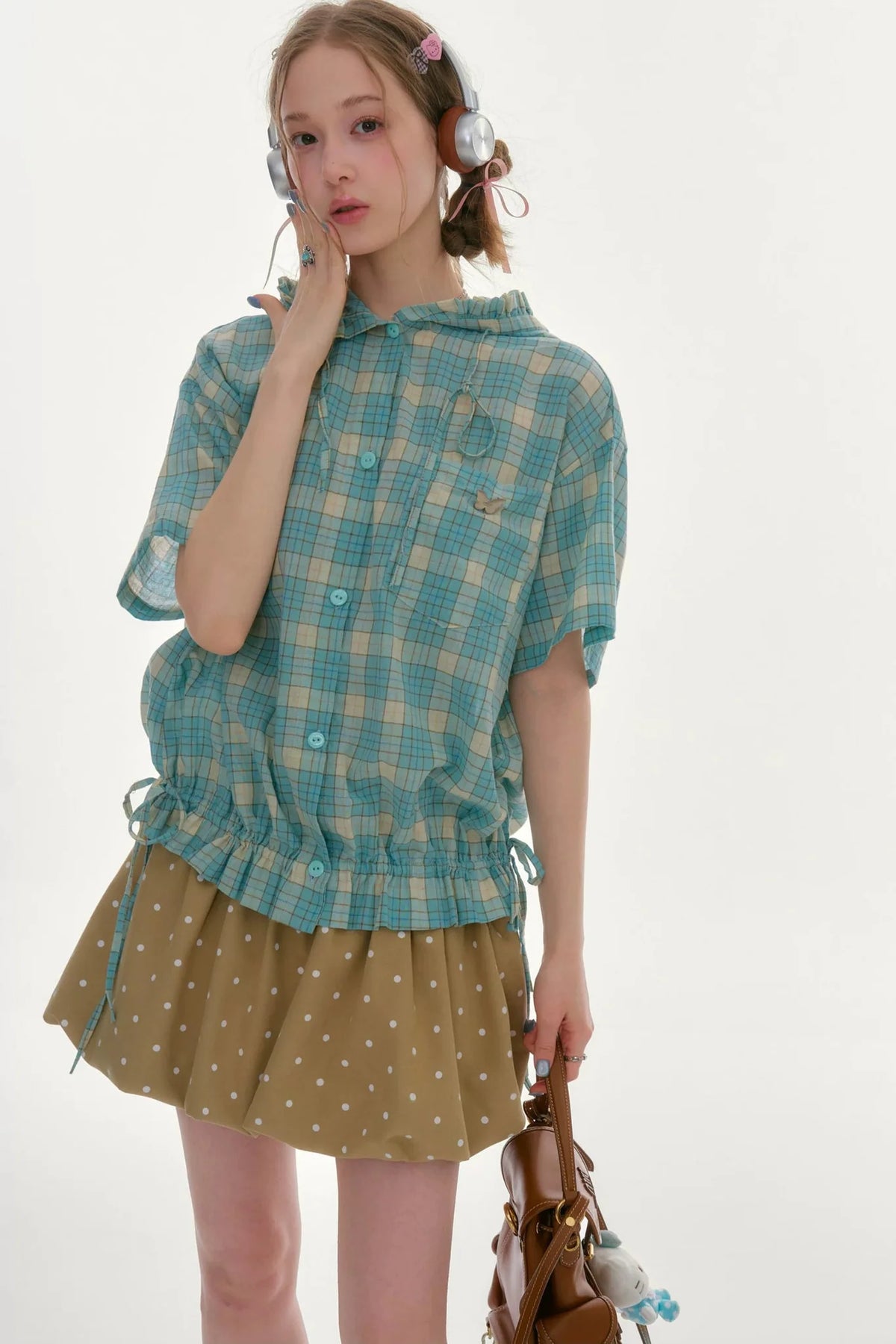 Light Green Plaid Hooded Ruffled Shirt