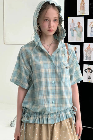 Light Green Plaid Hooded Ruffled Shirt
