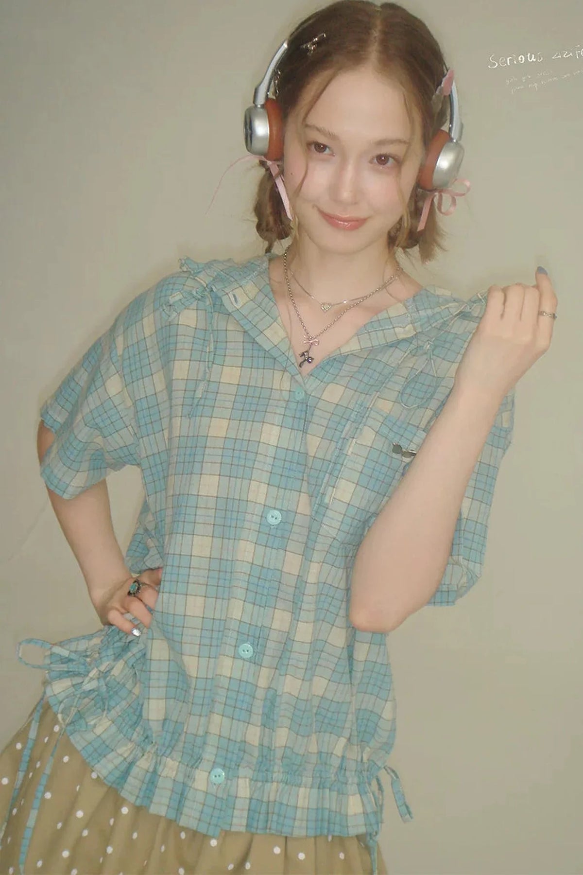Light Green Plaid Hooded Ruffled Shirt