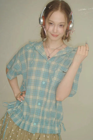 Light Green Plaid Hooded Ruffled Shirt