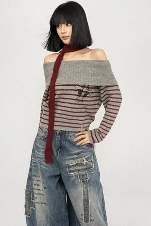 Light Sweet Asian One-Shoulder Knitted Sweater