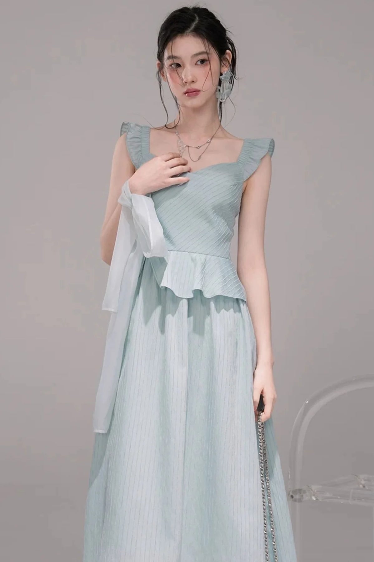 Light Teal Sheer Ribbon Dress Set