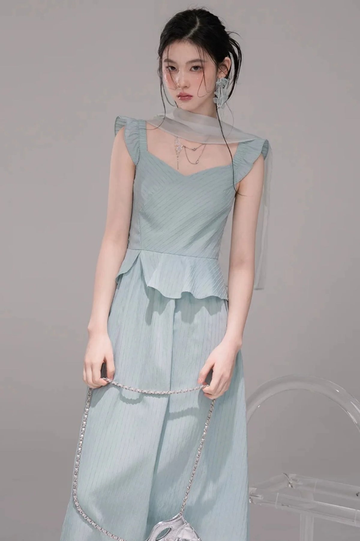 Light Teal Sheer Ribbon Dress Set