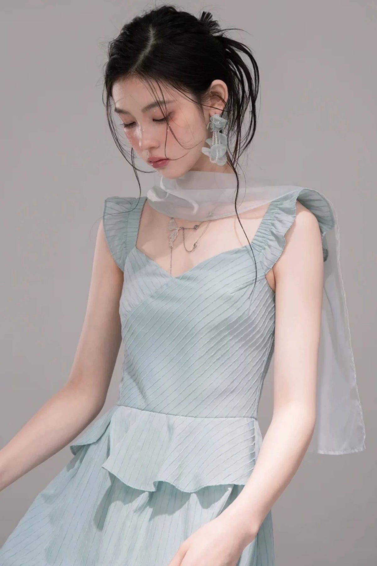 Light Teal Sheer Ribbon Dress Set