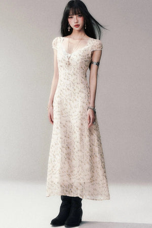 Light Yellow Floral Lace V-Neck Long Dress