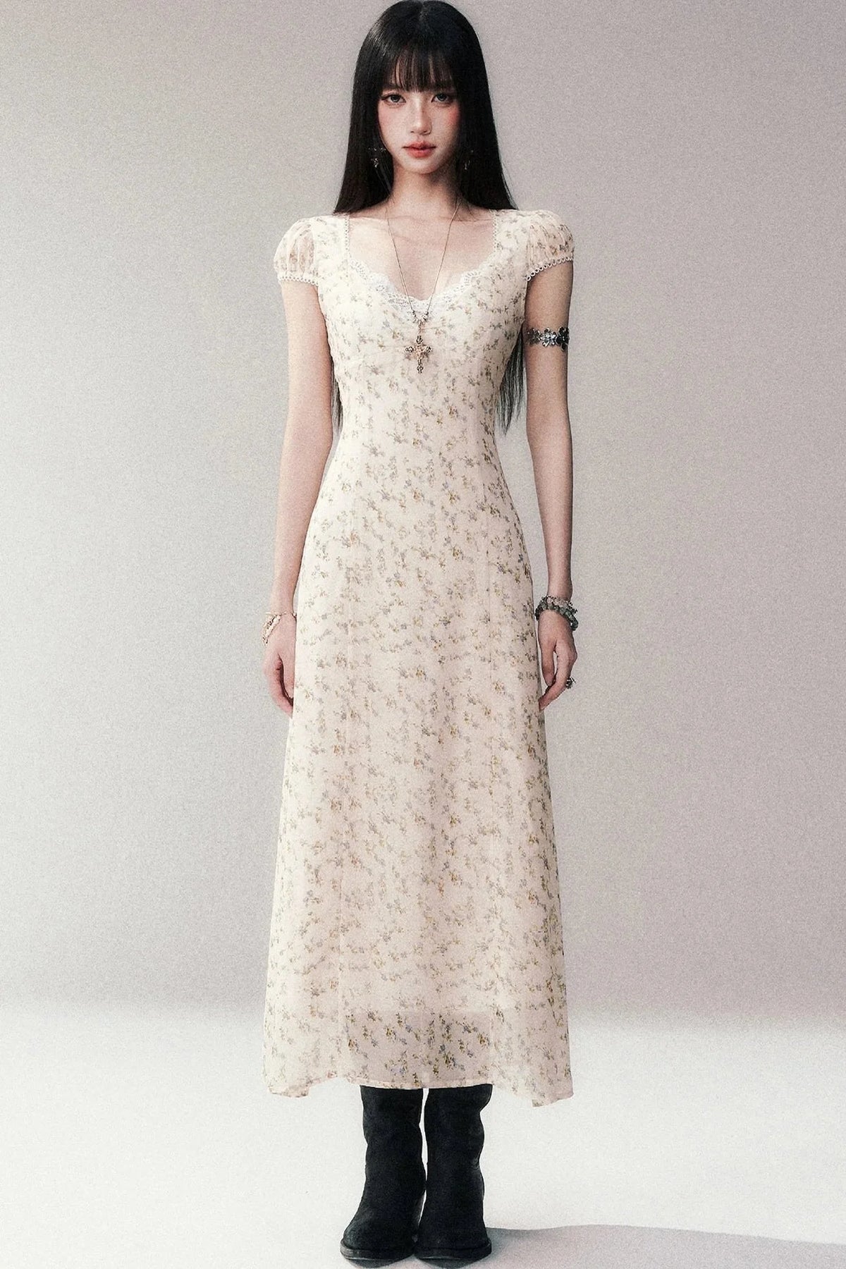 Light Yellow Floral Lace V-Neck Long Dress