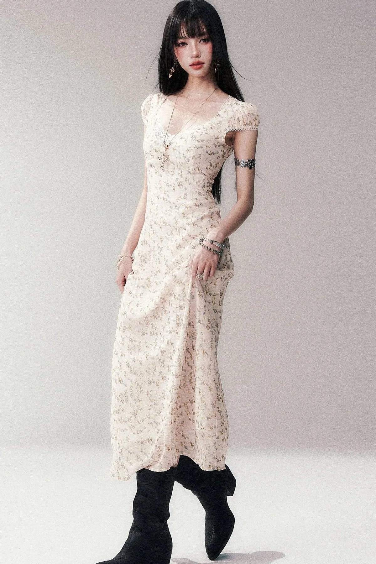 Light Yellow Floral Lace V-Neck Long Dress