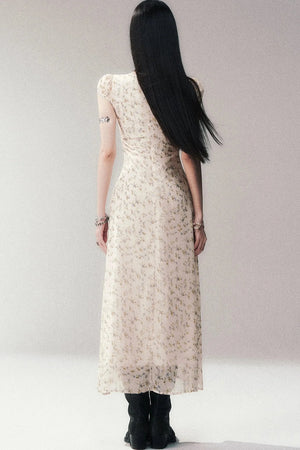 Light Yellow Floral Lace V-Neck Long Dress