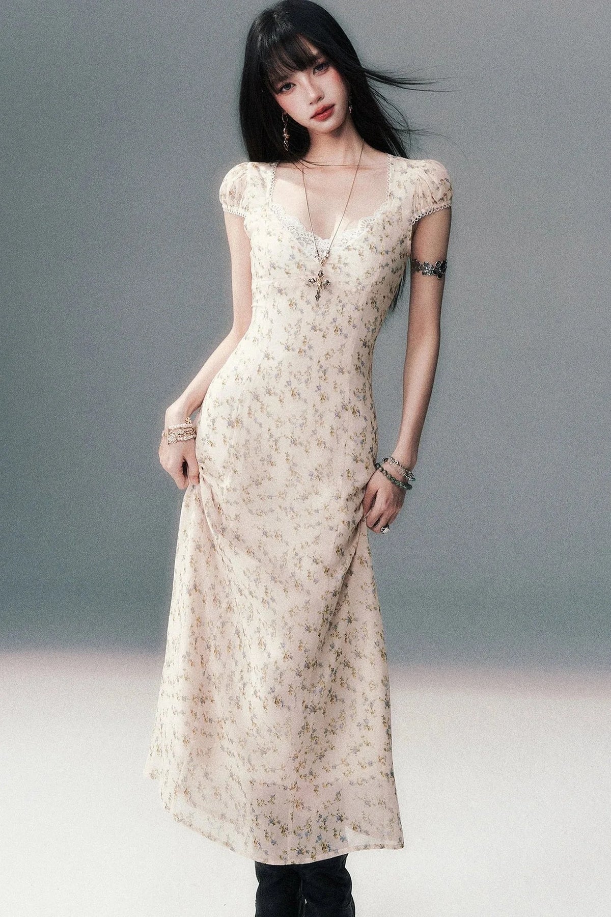 Light Yellow Floral Lace V-Neck Long Dress