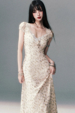 Light Yellow Floral Lace V-Neck Long Dress