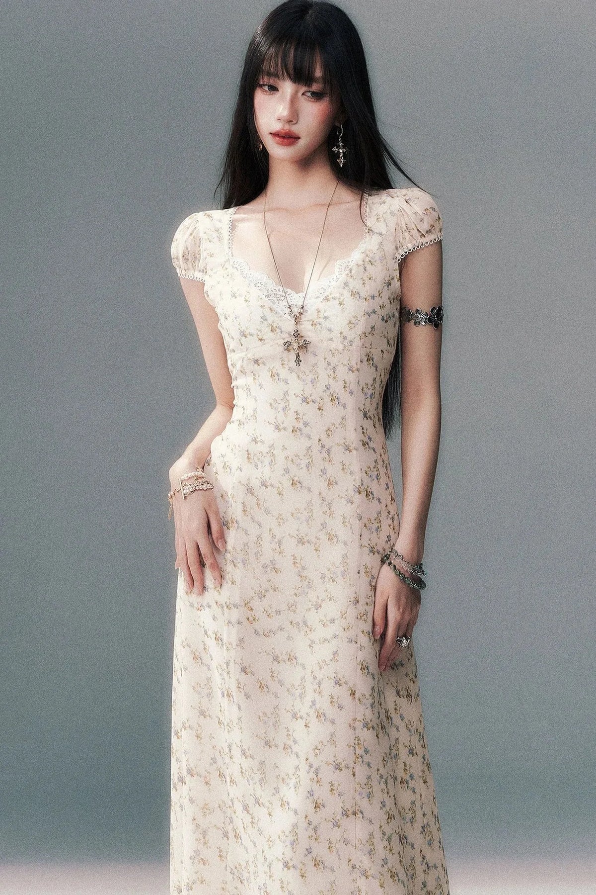 Light Yellow Floral Lace V-Neck Long Dress