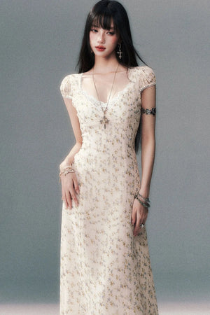 Light Yellow Floral Lace V-Neck Long Dress