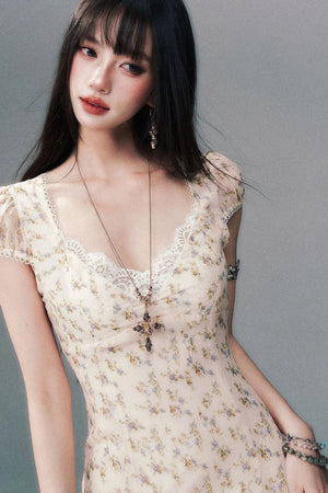 Light Yellow Floral Lace V-Neck Long Dress