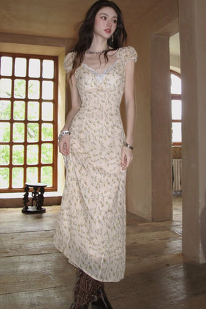 Light Yellow Floral Lace V-Neck Long Dress