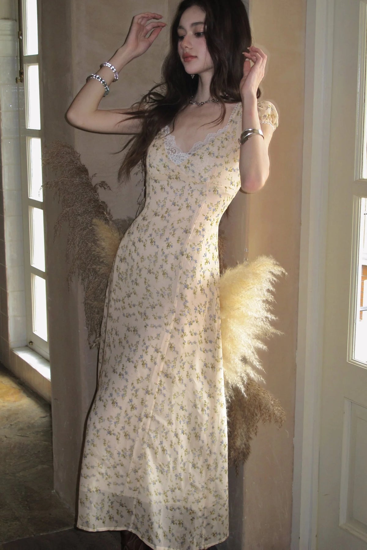 Light Yellow Floral Lace V-Neck Long Dress