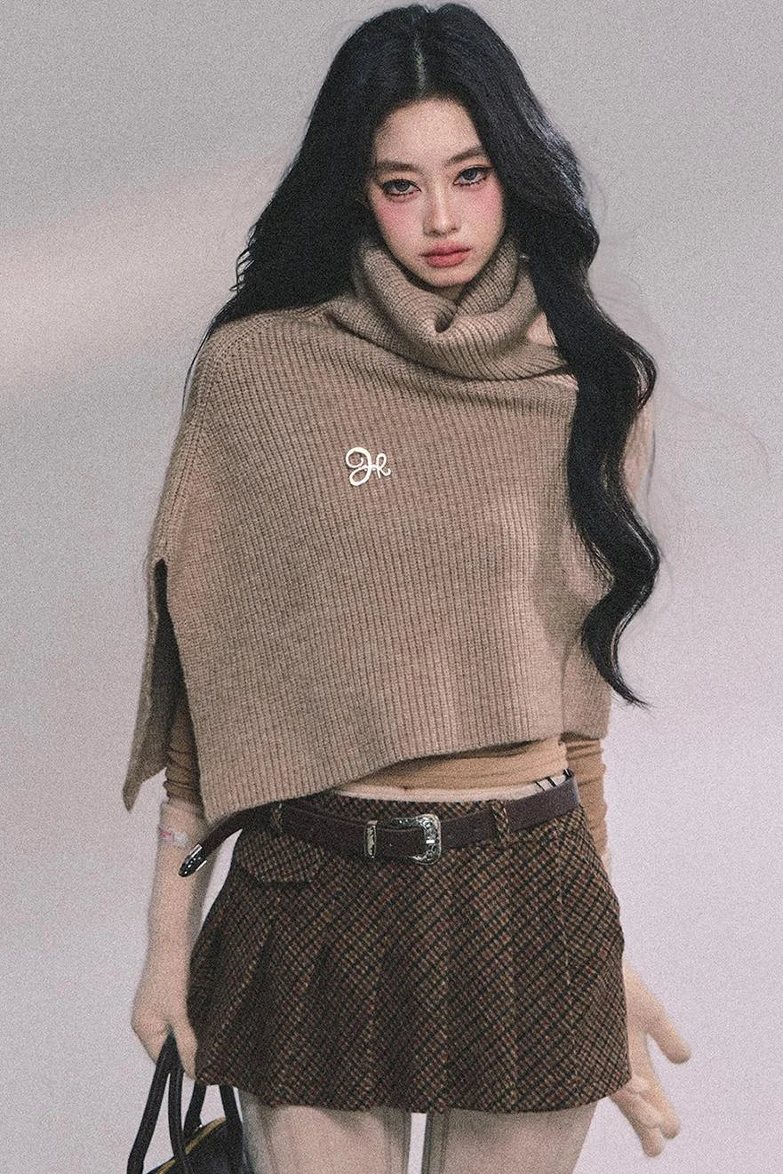 Lightweight Knit Shawl Turtleneck Sweater Set