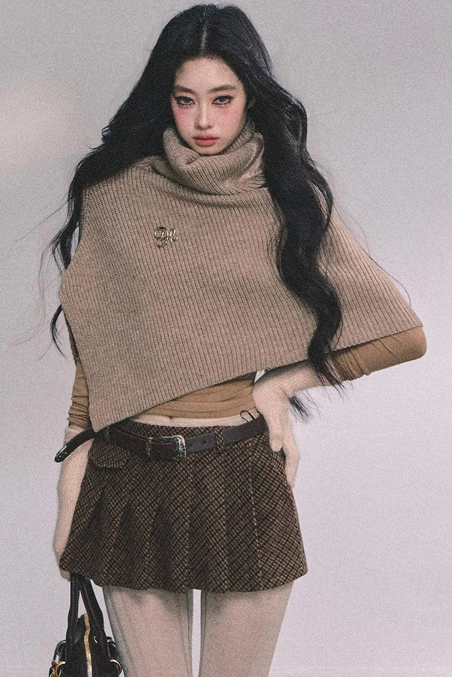 Lightweight Knit Shawl Turtleneck Sweater Set