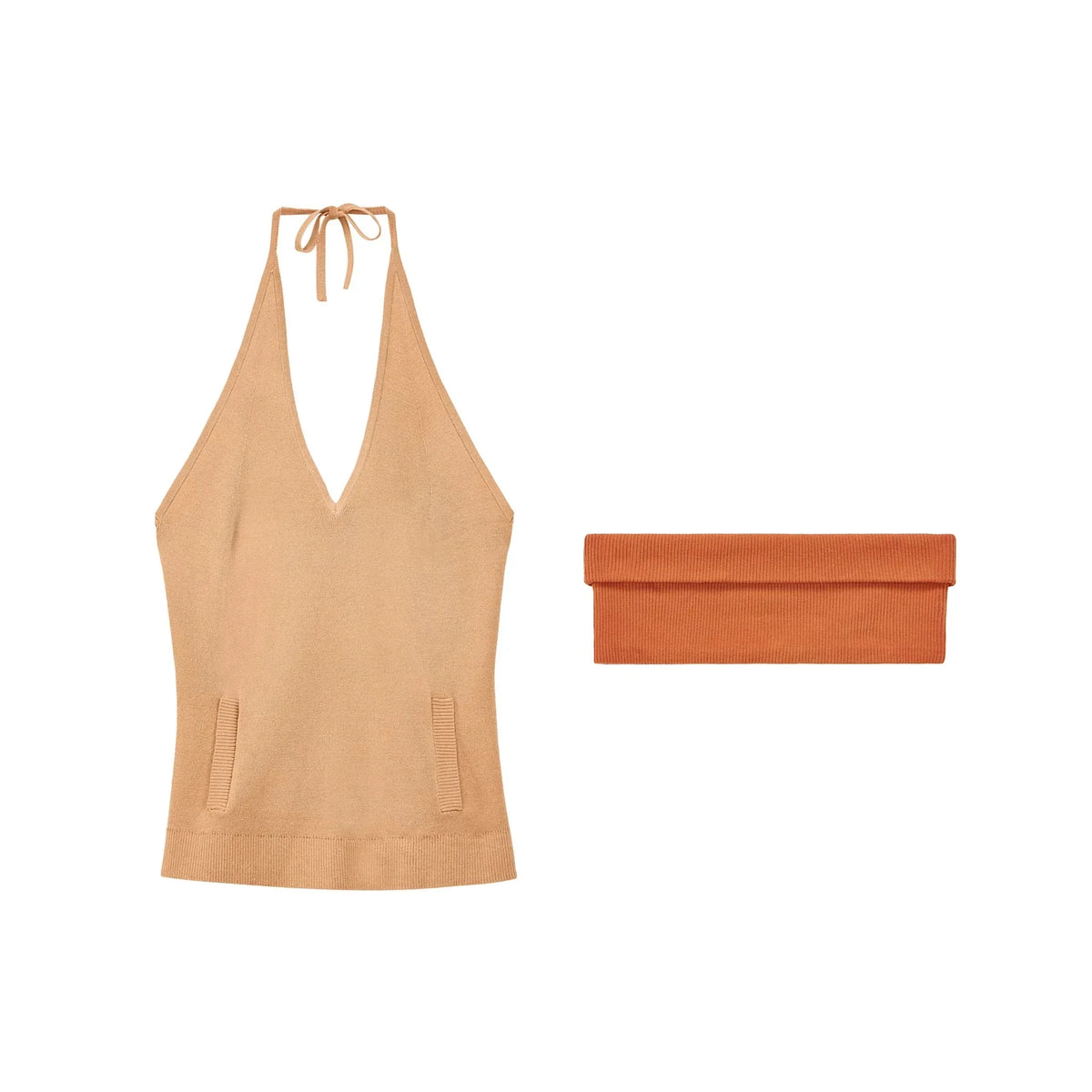 Linen Blend Halter Knit Top and Foldable Tube Top Set