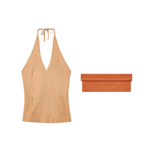Linen Blend Halter Knit Top and Foldable Tube Top Set