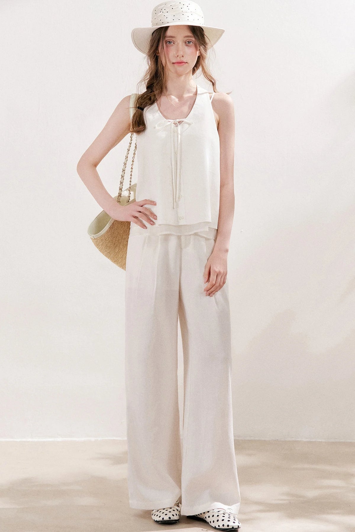Linen Halter Tie Vest and Straight Leg Pants Set-Up