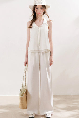Linen Halter Tie Vest and Straight Leg Pants Set-Up