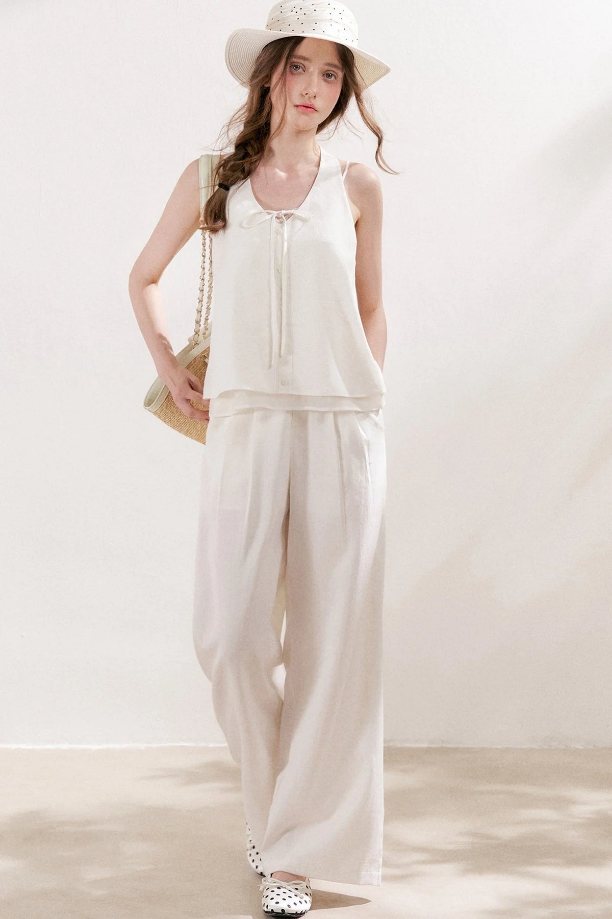 Linen Halter Tie Vest and Straight Leg Pants Set-Up