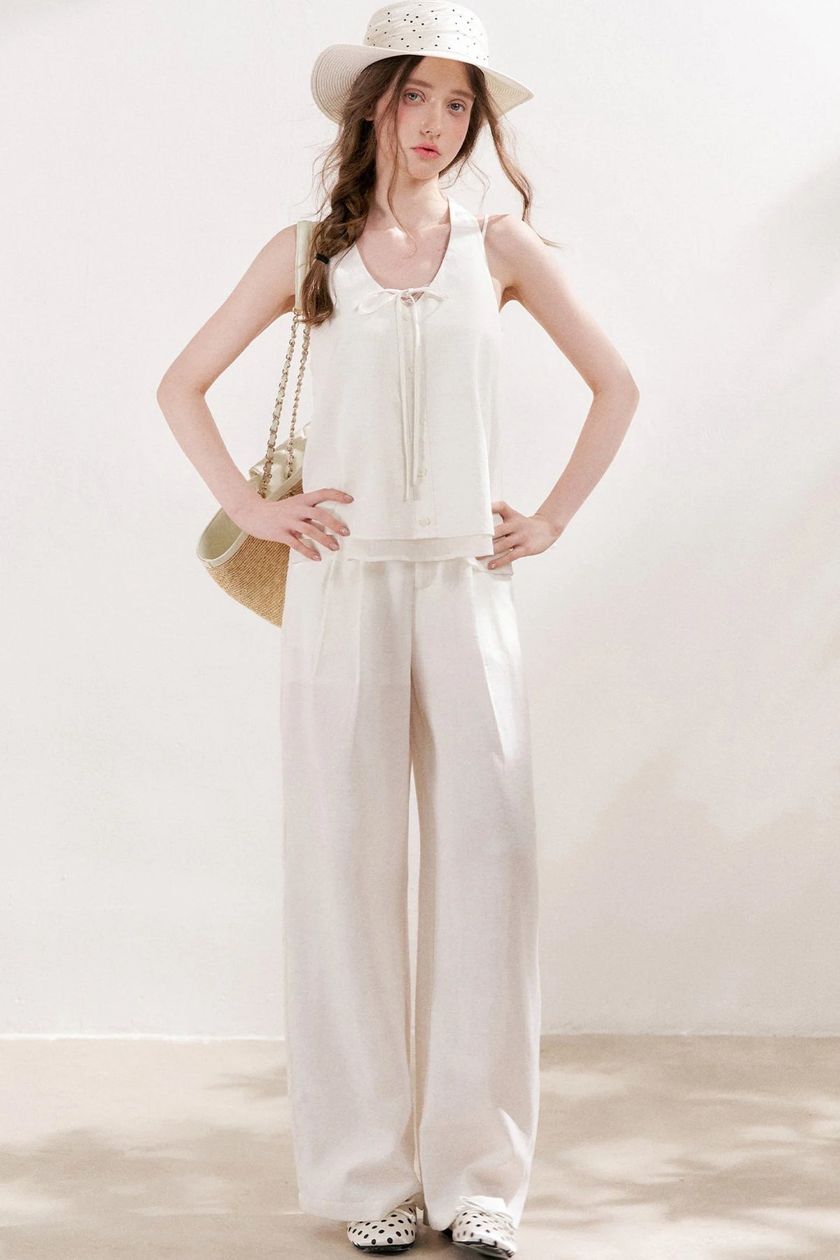 Linen Halter Tie Vest and Straight Leg Pants Set-Up