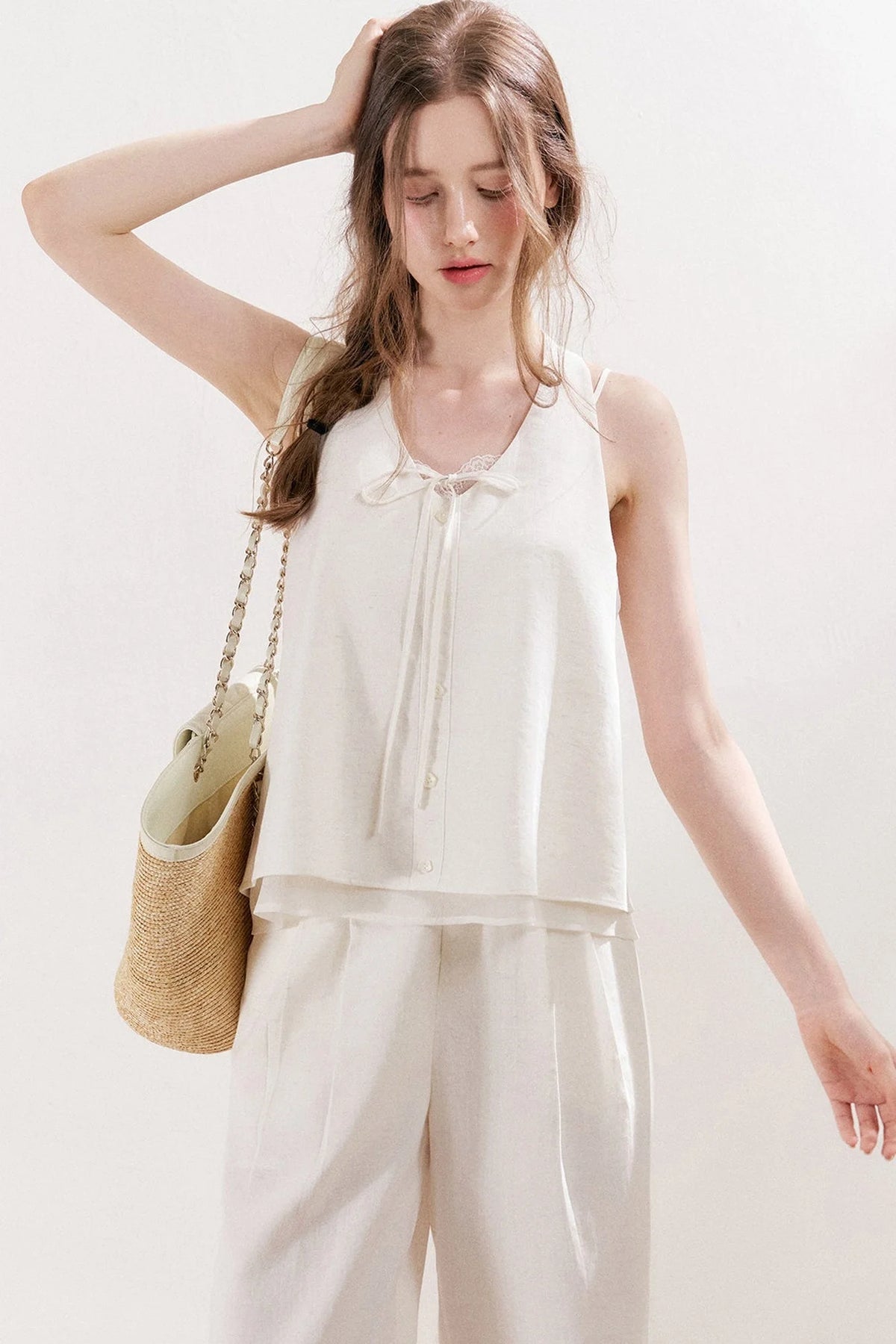Linen Halter Tie Vest and Straight Leg Pants Set-Up