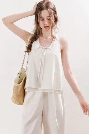 Linen Halter Tie Vest and Straight Leg Pants Set-Up