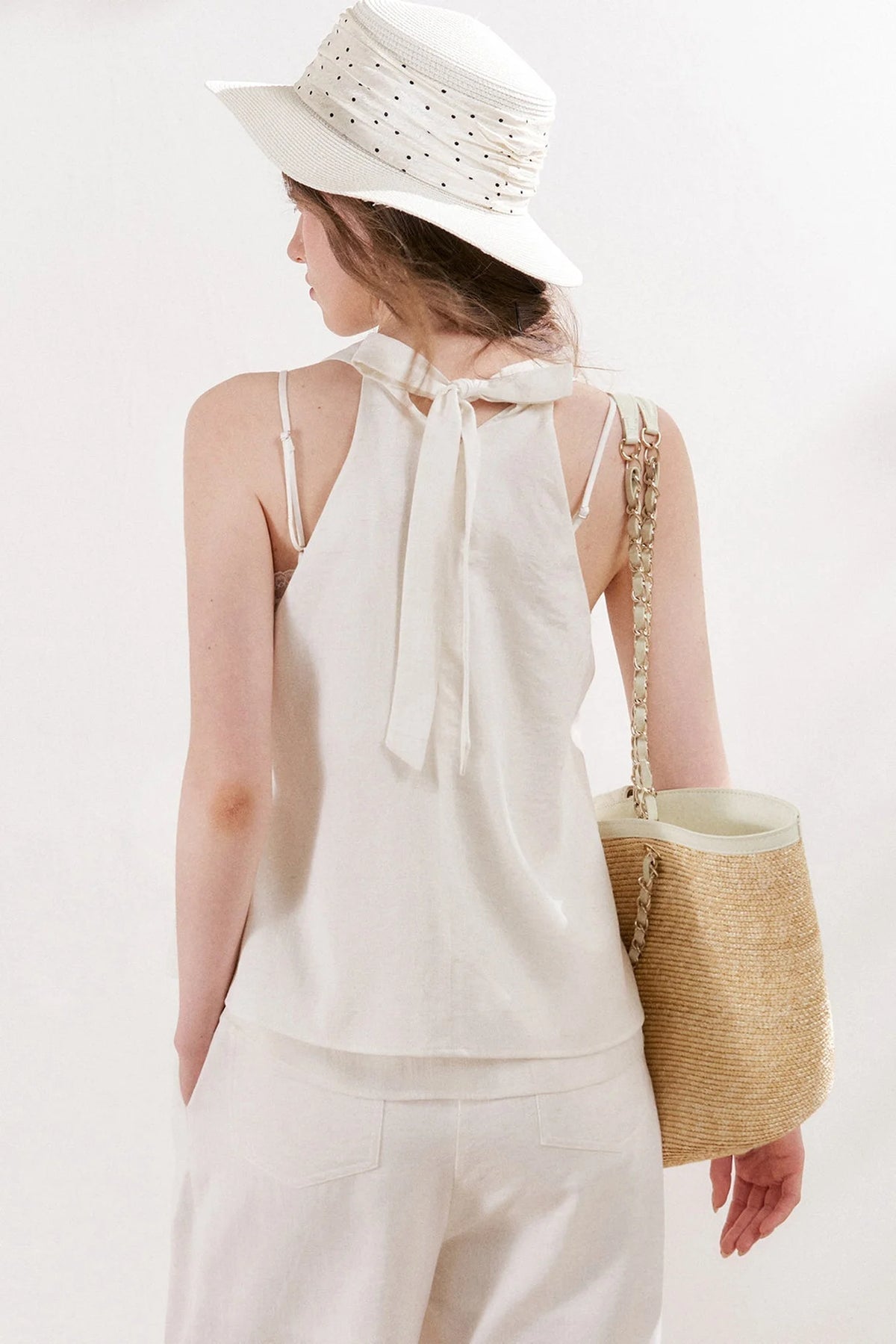 Linen Halter Tie Vest and Straight Leg Pants Set-Up