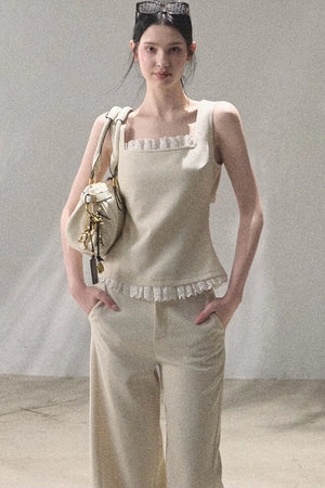 Linen Lace Patchwork Vest and Pants Set-Up