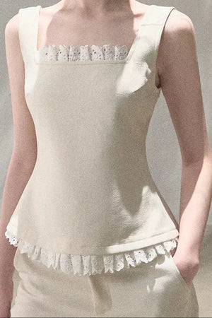 Linen Lace Patchwork Vest and Pants Set-Up