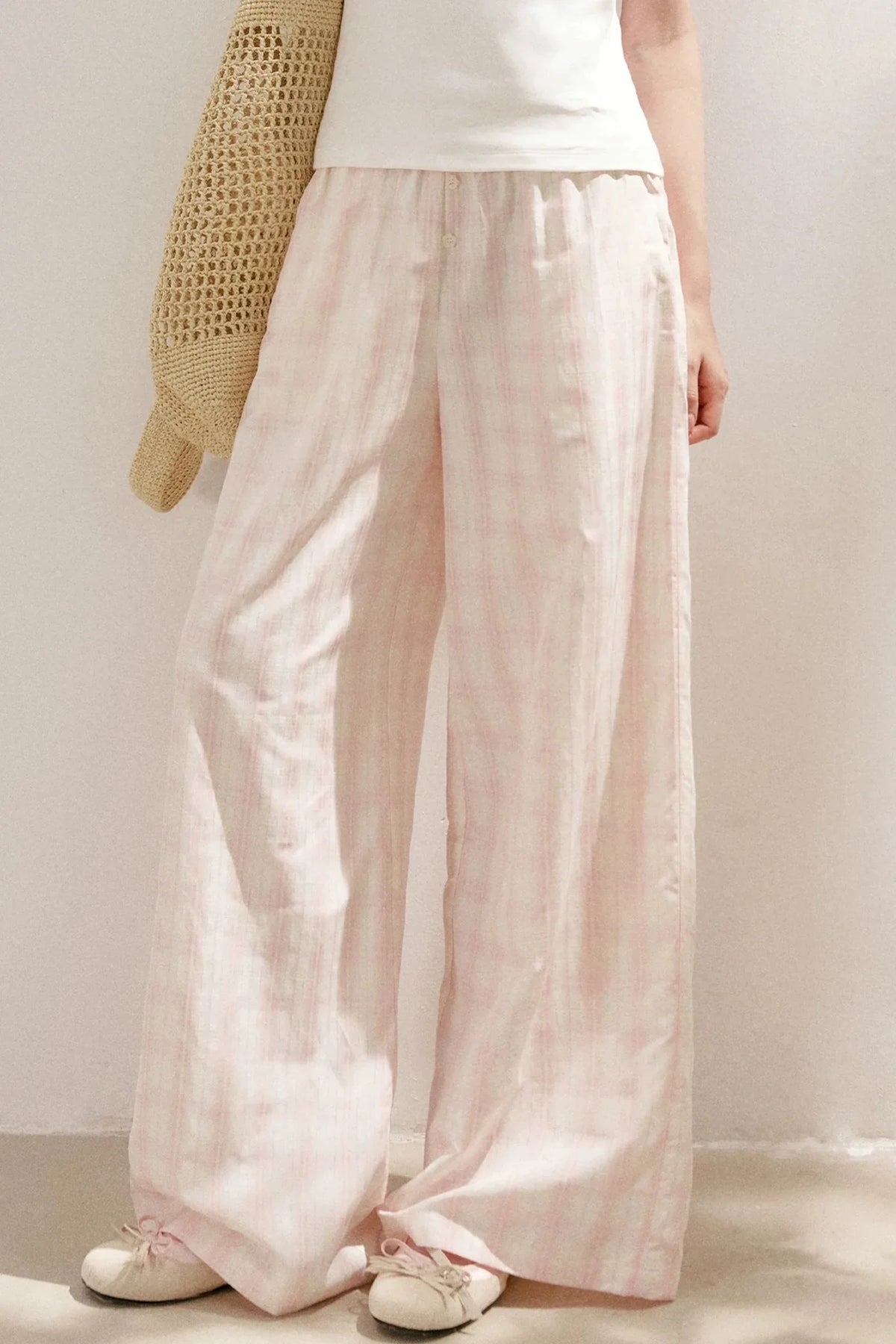 Linen Plaid Wide-Leg Pants