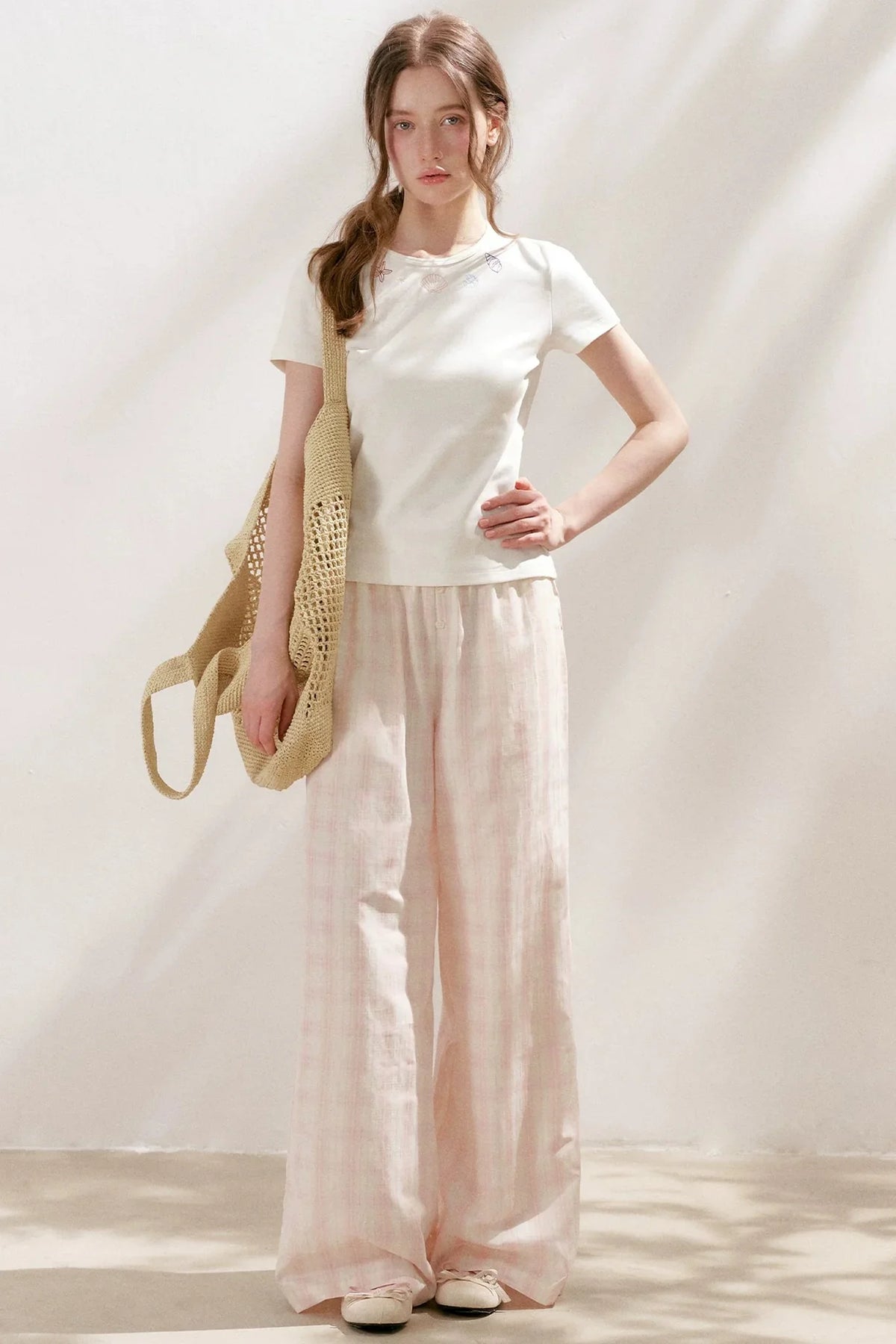 Linen Plaid Wide-Leg Pants