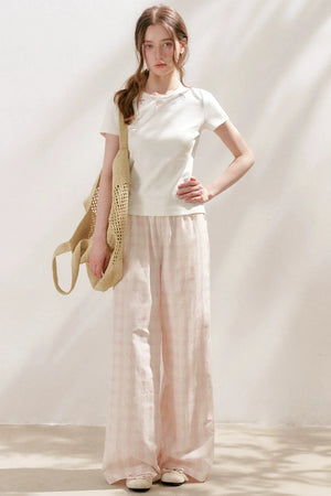 Linen Plaid Wide-Leg Pants
