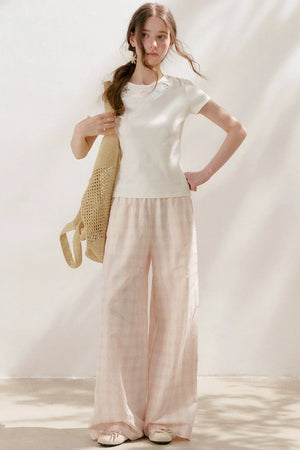Linen Plaid Wide-Leg Pants