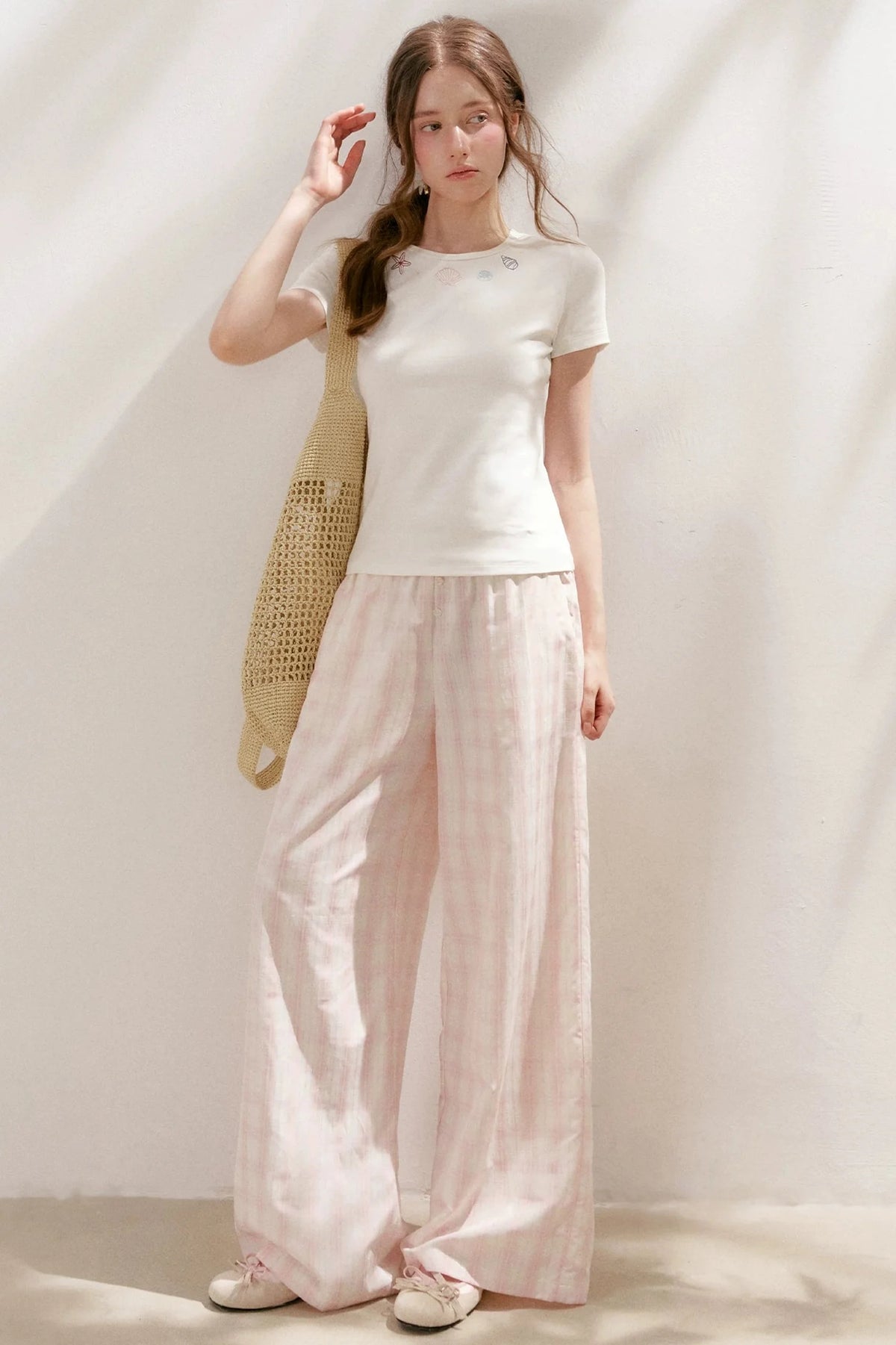 Linen Plaid Wide-Leg Pants