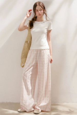 Linen Plaid Wide-Leg Pants