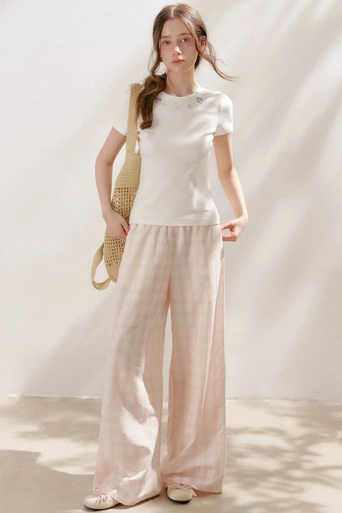 Linen Plaid Wide-Leg Pants