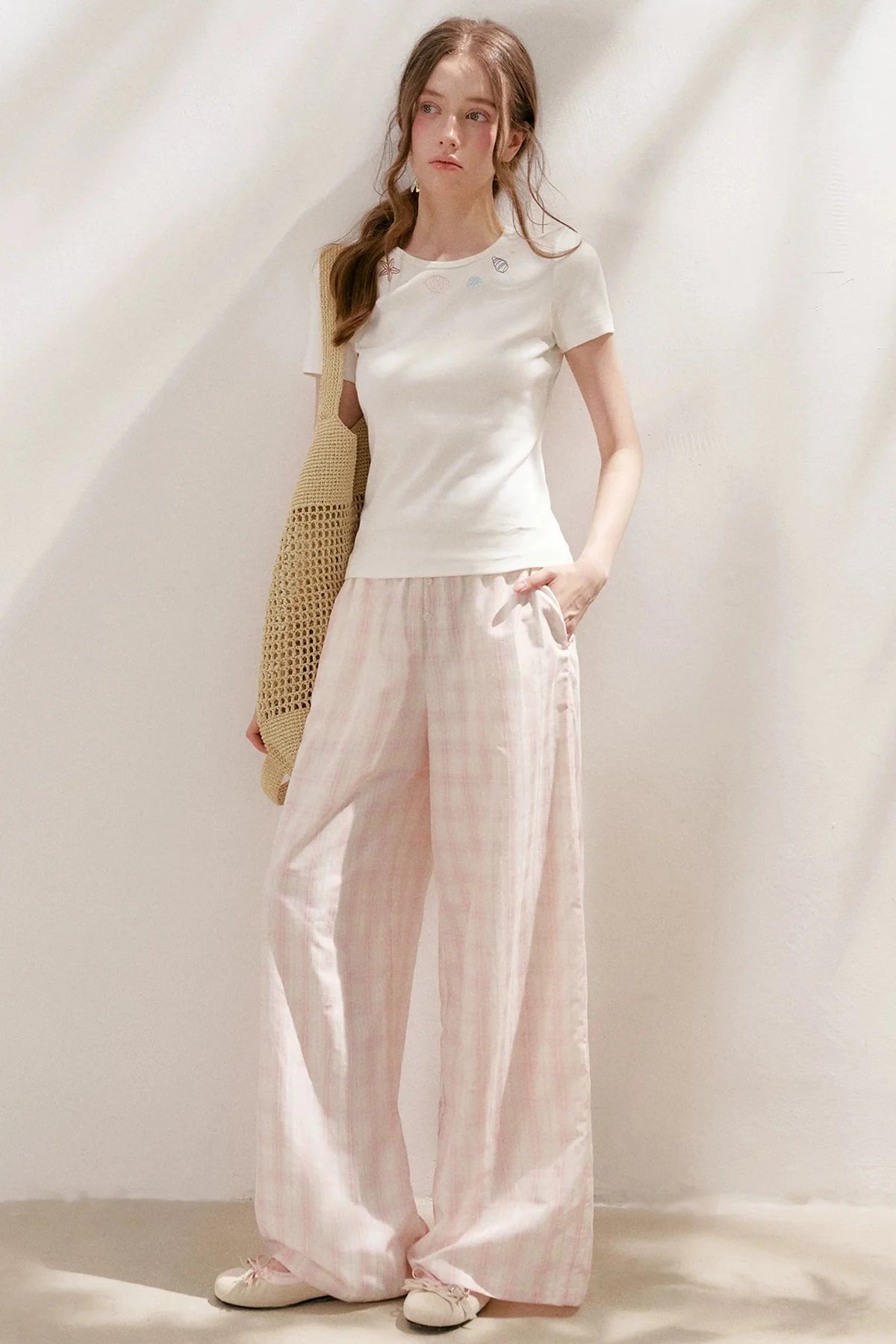 Linen Plaid Wide-Leg Pants