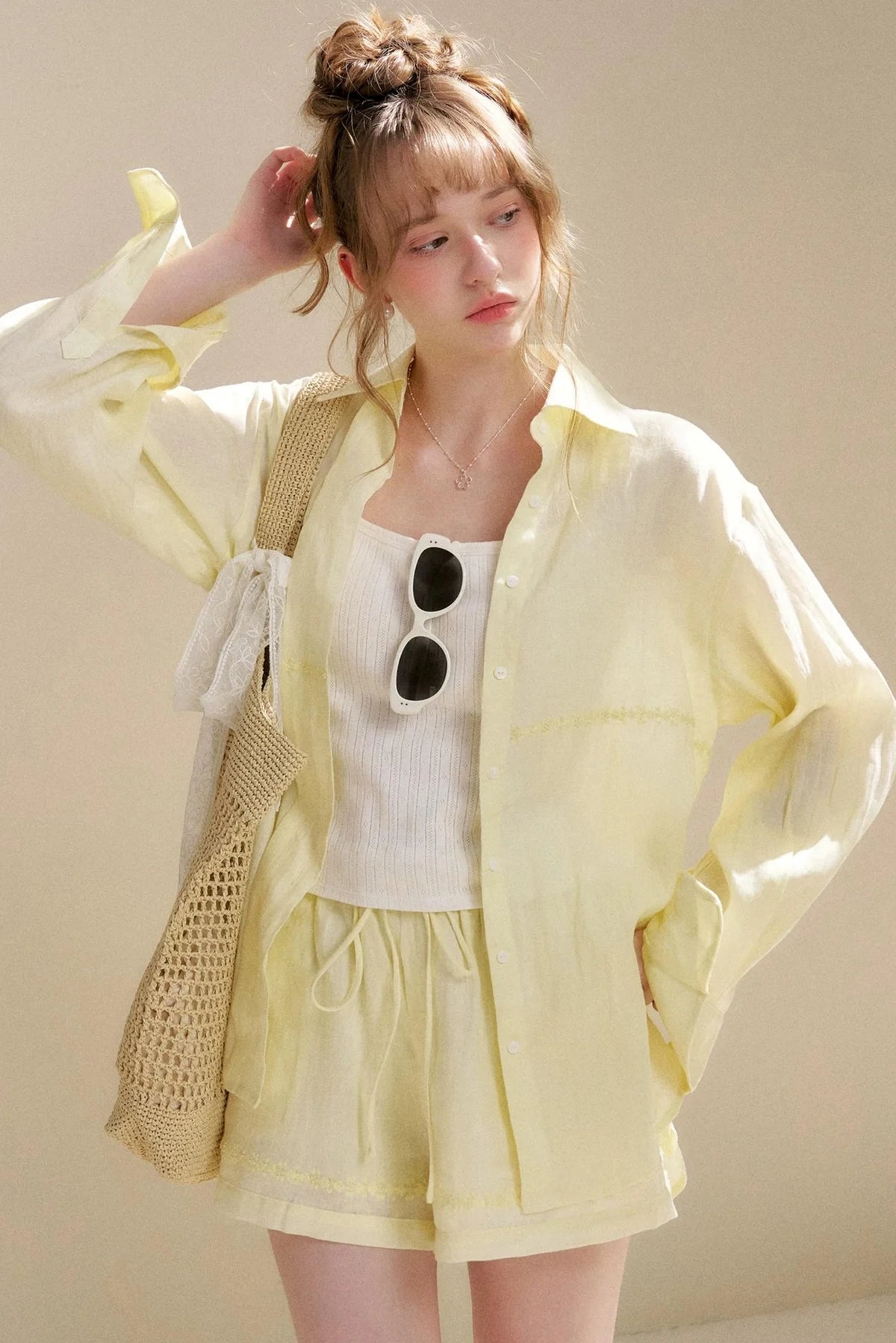 Linen Tencel Beaded Blouse Set-Up
