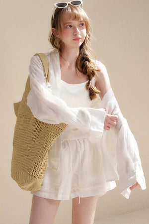 Linen Tencel Beaded Blouse Set-Up